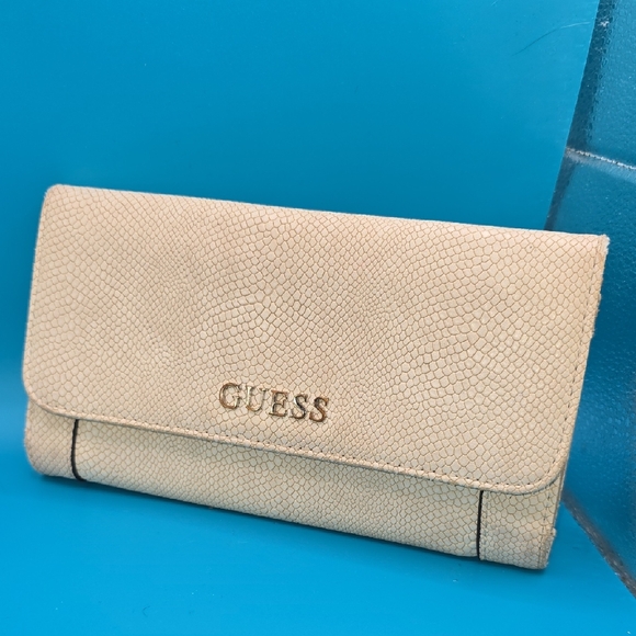 Guess Handbags - GUESS Beige Textured Fold-Over Wallet with Gold Logo